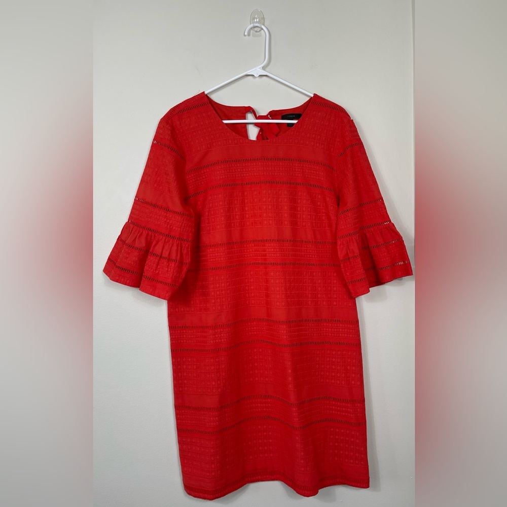 J.Crew Women's Orange Red Chic Eyelet Shift Dress Flutter Ruffle Sleeves Sz 12 - Picture 2 of 10